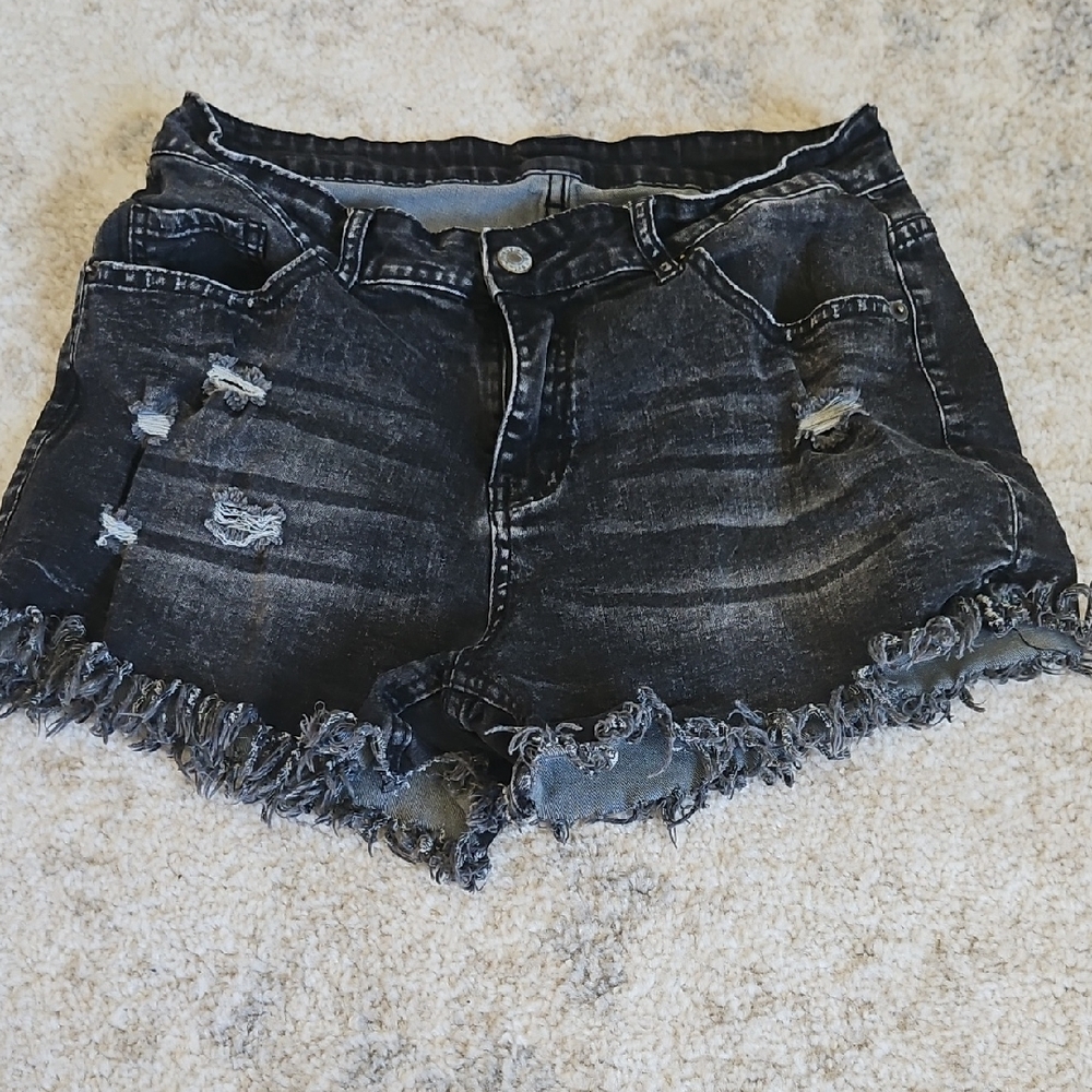 Distressed Black Denim Shorts
